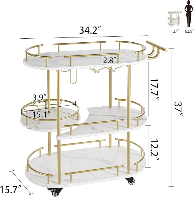Garvee Bar Serving Cart with Wine Rack and Glass Holder, 3-Tier Rolling Serving - Image 9