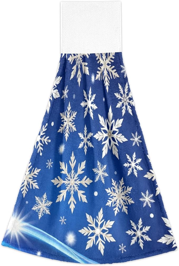 Winter Blue Snowflakes Kitchen Hanging Towel White Snow Hand Fingertip Bath Tie - Image 7