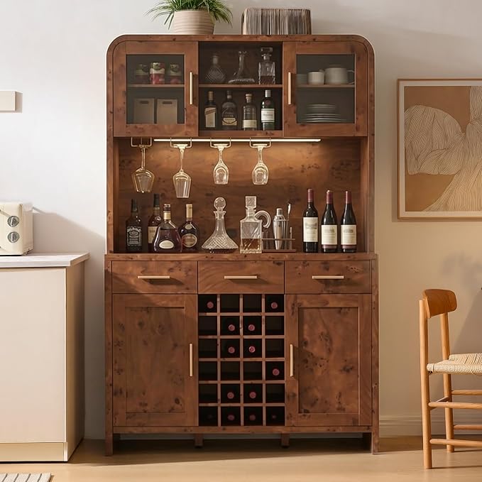 77" Tall Wine Bar Cabinet with Storage Hutch and 3 Drawers, Coffee Bar Cabinet - Image 9
