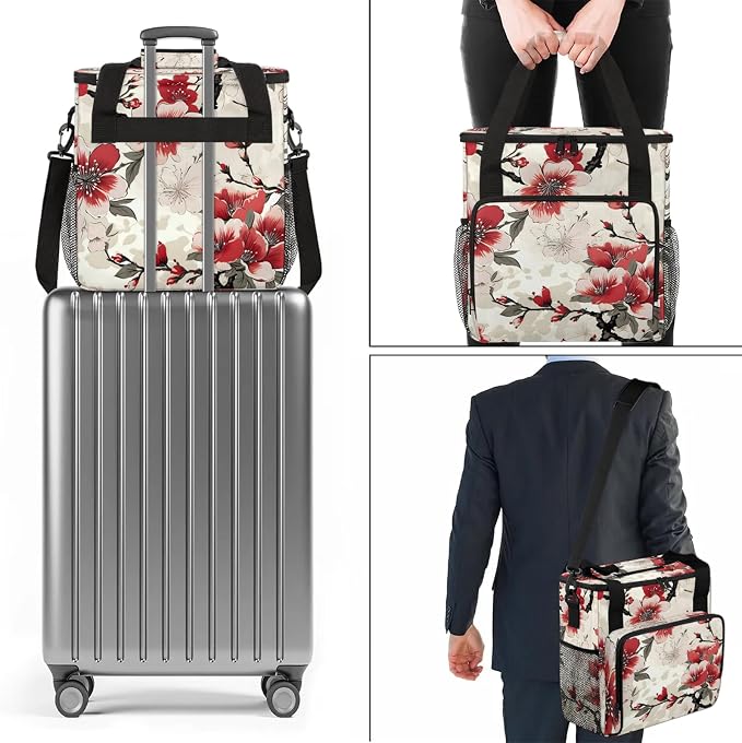 Cherry Blossom Red Pink Floral Coffee Maker Carring Bag, Large Insulated - Image 7