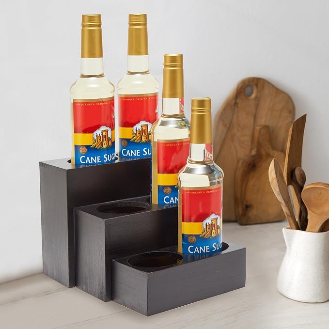 Black Wood Coffee Syrup Rack Organizer, 3 Tier Syrup Bottle Holder - Image 6