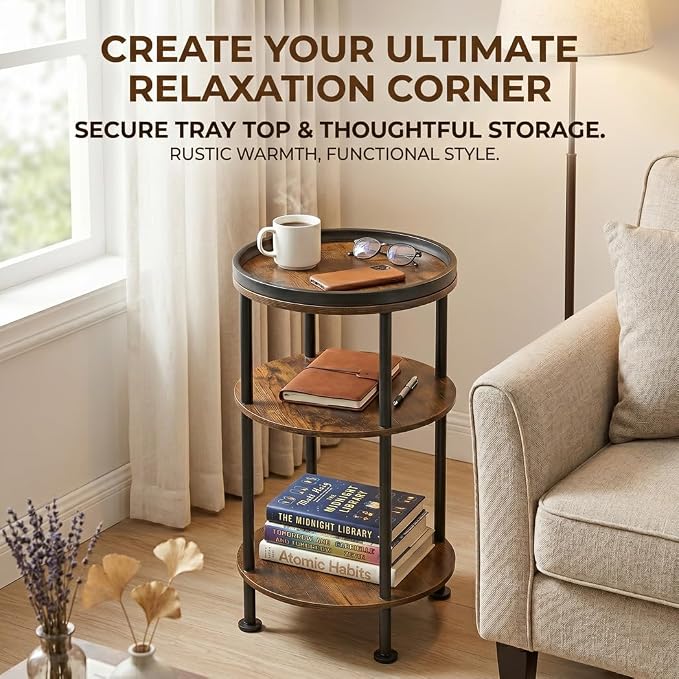 Small Round Side Table with Tray Top, 11.8" Narrow End Table - Image 9