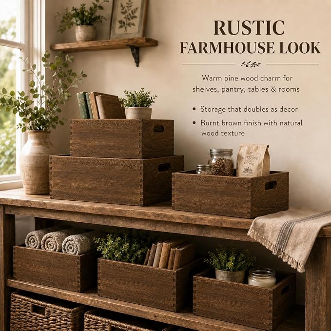 Wooden Crates for Display 5 Pack Large Rustic Nesting Wooden Basket - Image 8