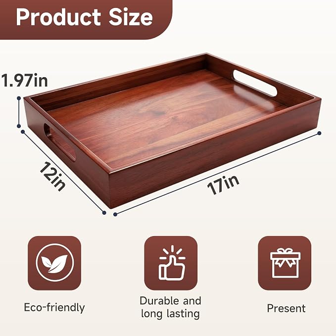 Acacia Wood Serving Tray with Handles, 17 x 12 Inch Large Wooden Tray - Image 9