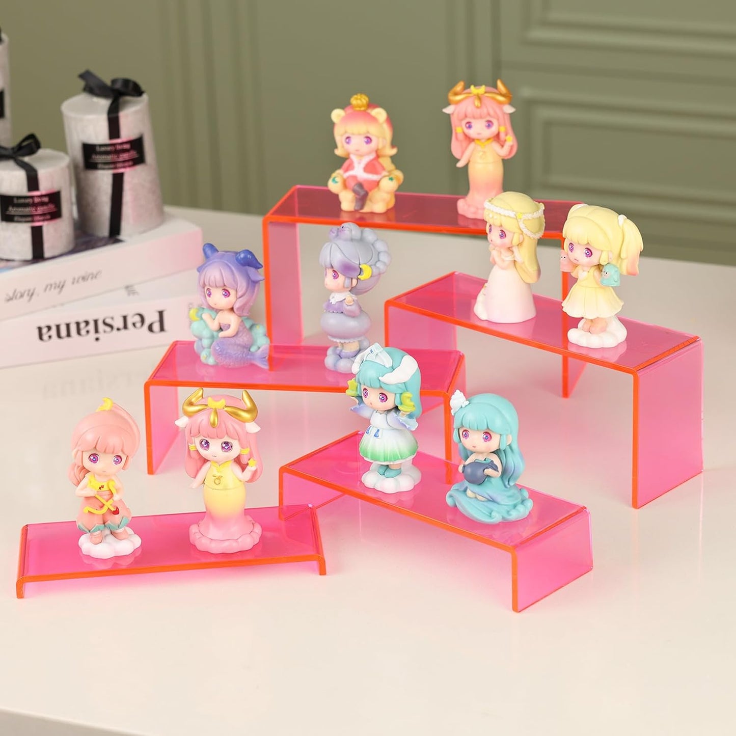Goabroa Acrylic Display Risers, 2 Sets 10 Pcs Perfume Stand Organizer, Rectangular Riser Shelves for Figures, Cupcake, perfume display, Wine Glass and Handbag display,Transparent Pink