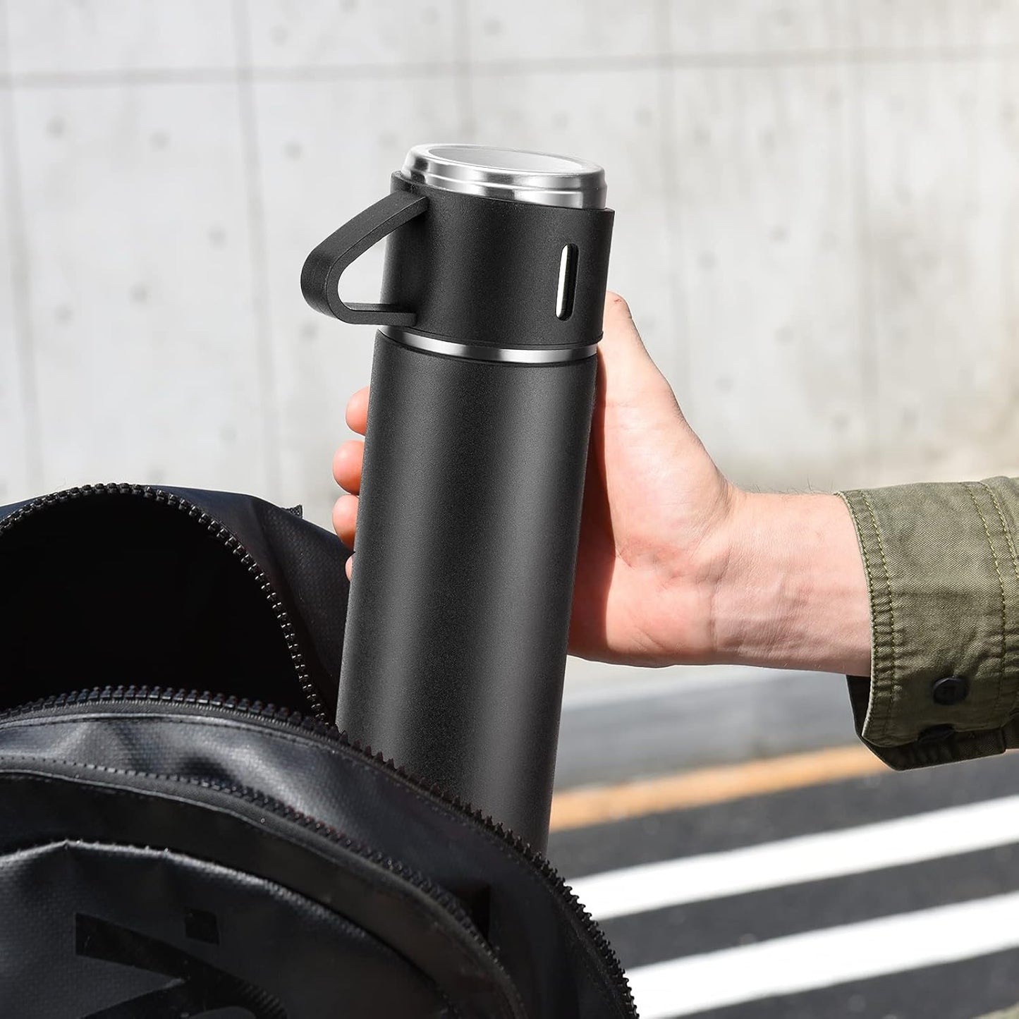 Stainless Steel Thermo 500ml/16.9oz Vacuum Insulated Bottle with Cup for Coffee Hot drink and Cold drink water flask.(Black,Set)