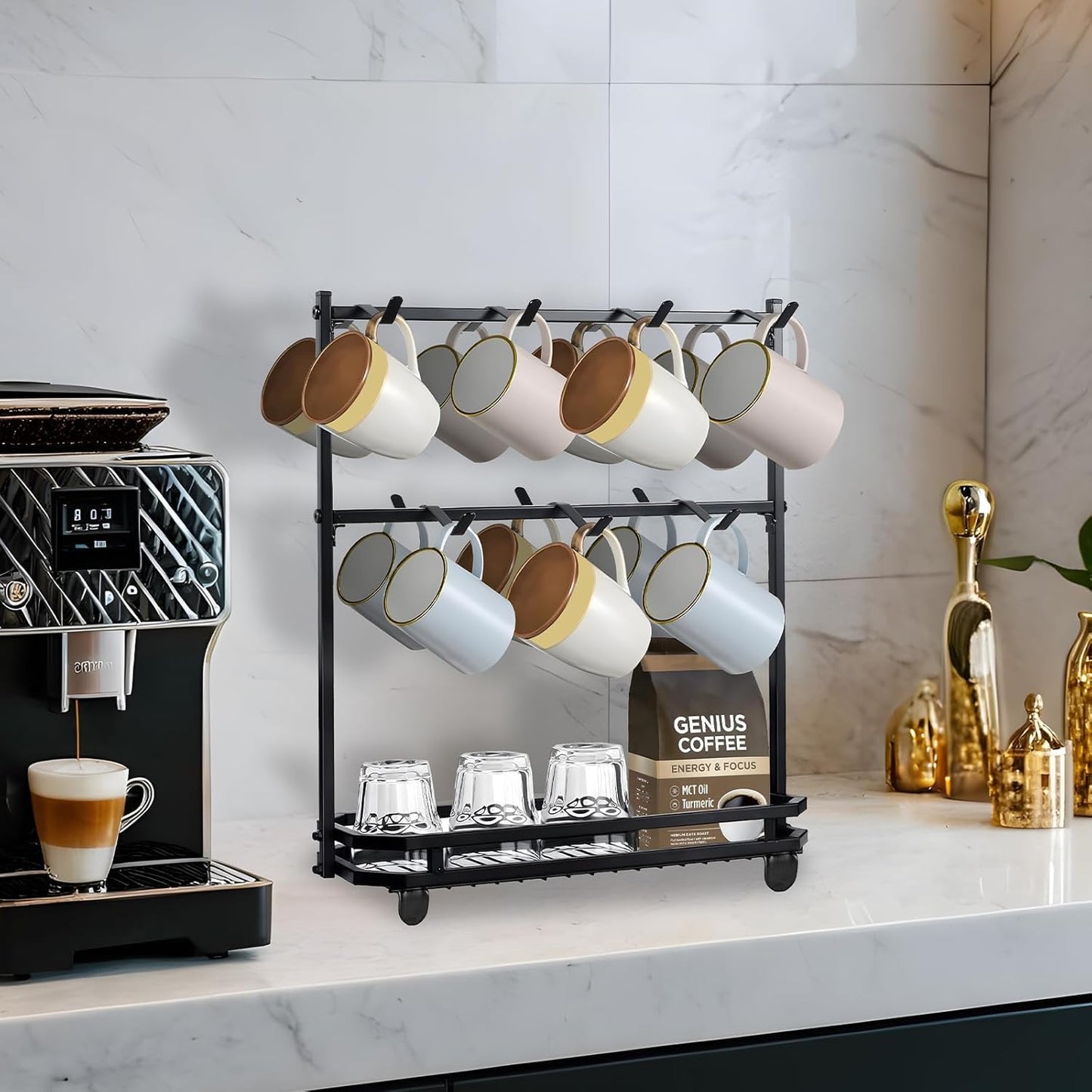 Coffee Mug Holder for Countertop, Coffee Cup Holder Rack with 14 Hooks, Metal Mug Tree Stand with Storage Base for K Cup Coffee Pod Paper Cups Tea Bag - Black