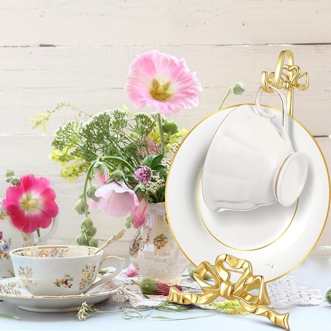 Reallnaive Brass Tea Cup and Saucer Display Stand Vintage Bow Teacup Holders - Image 6