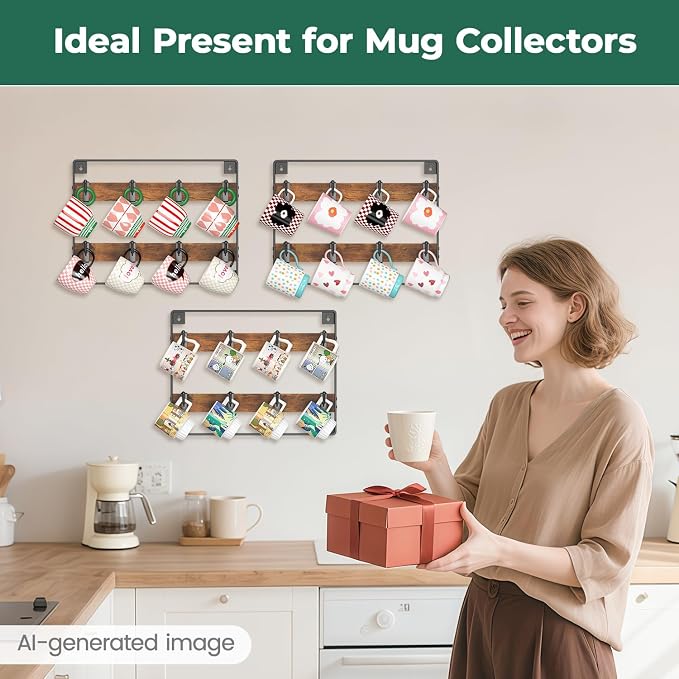 EsLuker.ly Mug Holder Hanger Rack Wall Mounted Wooden 3 Pack Coffee Cup Storage - Image 7