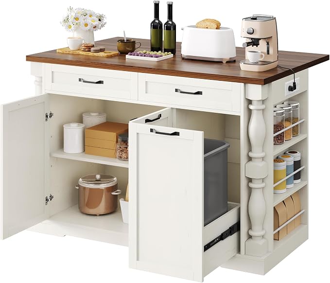 Kitchen Island with Power Outlet & Trash Cabinet, 47.6" Roman Style Rolling - Image 9
