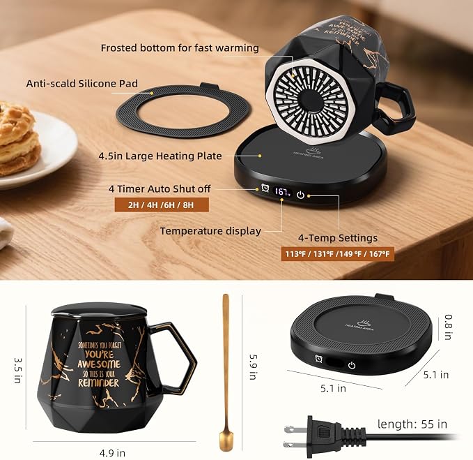 Coffee Mug Warmer & Awesome Mug Set, Smart Heated Electric Coffee Cup Warmer - Image 8