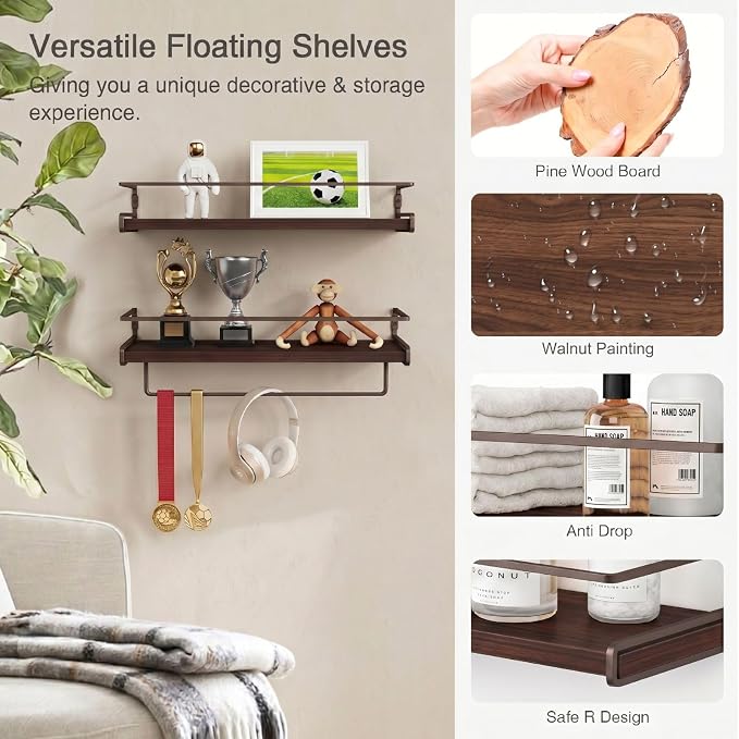 Forbena Dark Brown Kitchen Shelves Wall Mounted Set of 2, Walnut Brown Floating - Image 7