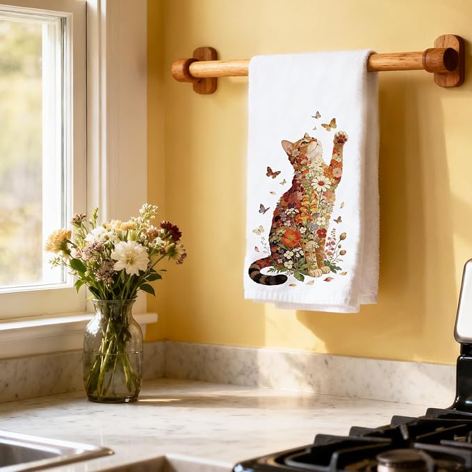 CUTHOLLOW Colorful Cat & Flower Decorative Kitchen Towels Set of 4, - Image 7