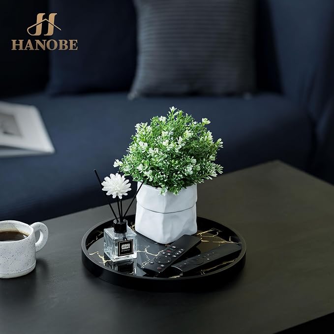 Hanobe Decorative Tray for Home Decor: Black Imitation Marble Round Serving - Image 9