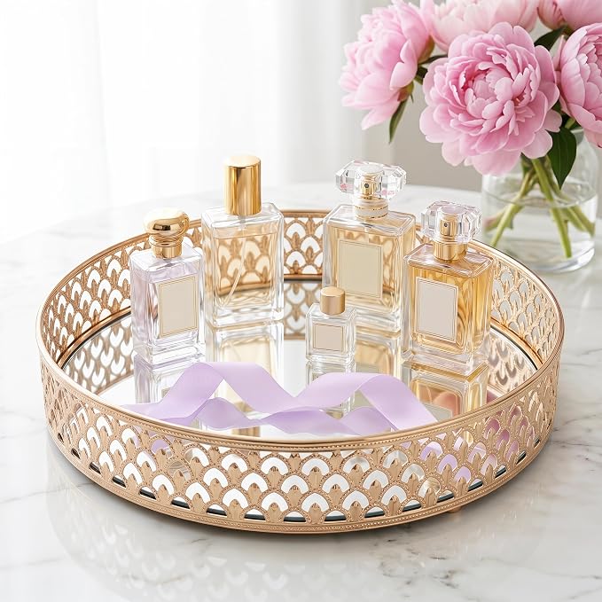 12 Inch Glass and Gold Round Tray Set of 2,Dinner Plate Perfume and Vanity Tray - Image 5