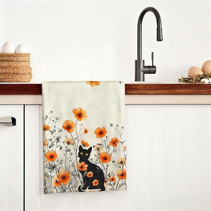 Black Cat Kitchen Towels Decorative Set of 4, Burnt Orange Floral Dish Towels - Image 8