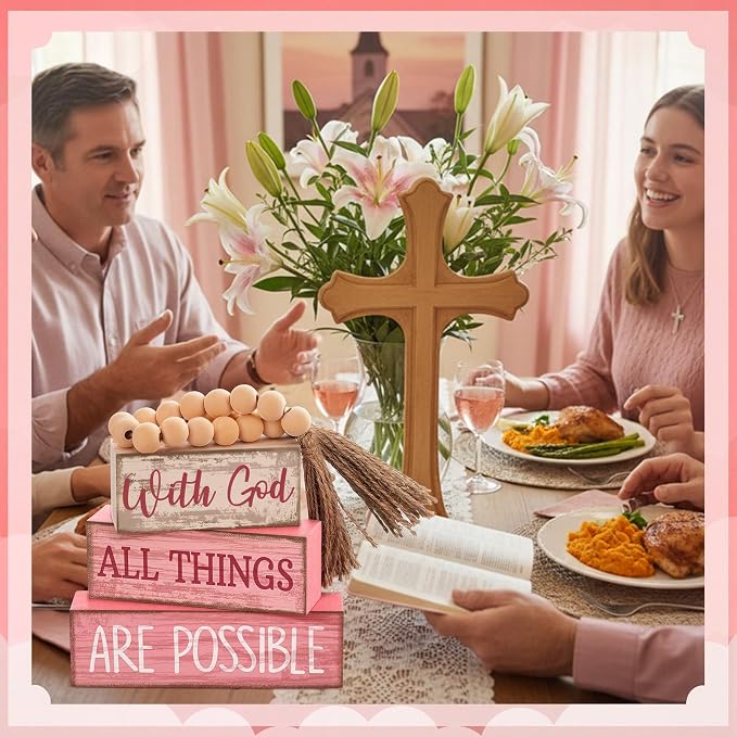 Lineshading 4 Pcs Christian Table Decor Pink Rustic Wooden Block Sign Set - Image 6