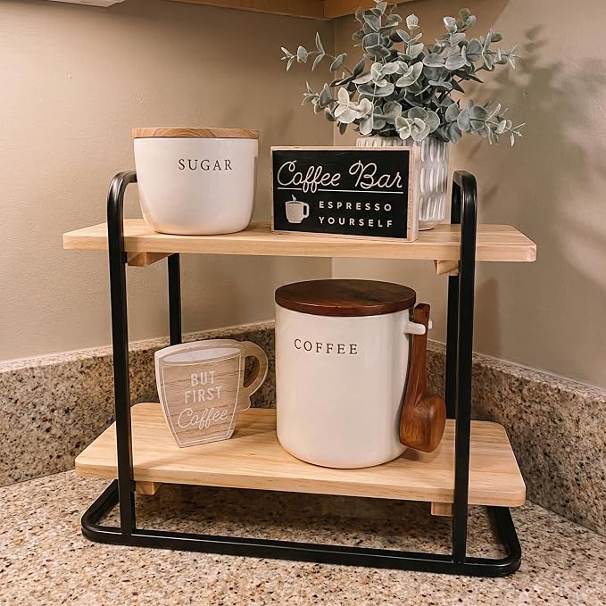Bokon 2 Tier Coffee Station Organizer, Wooden Coffee Bar Organizer - Image 8