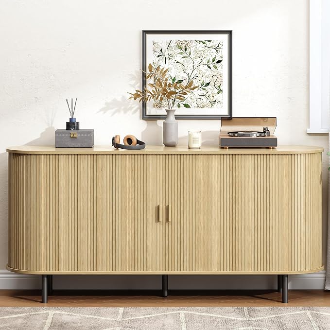 Buffet Cabinet with Storage, Fluted Sideboard Buffet with Sliding Door - Image 9