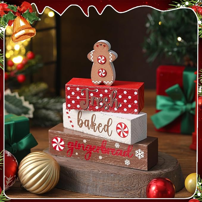 Geelin 4 Pcs Wooden Christmas Tabletop Decor Gingerbread Man Tiered Tray Decor - Image 6