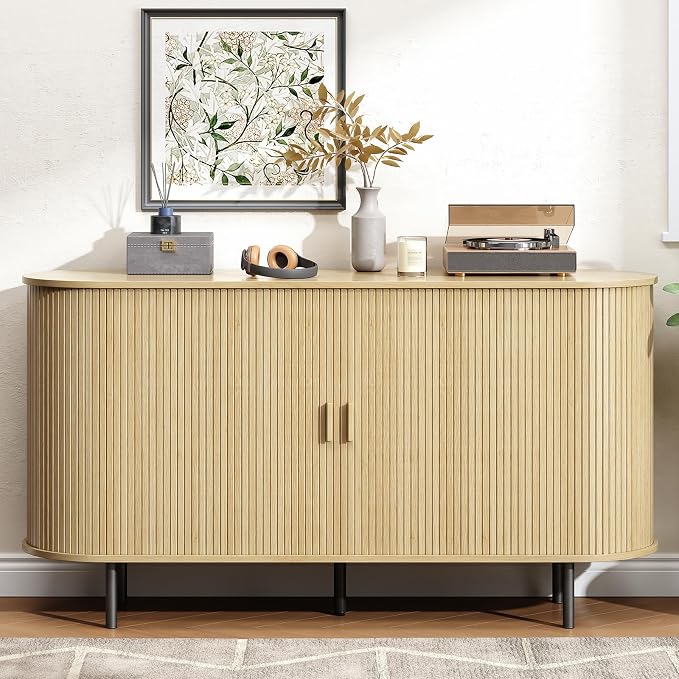 Buffet Cabinet with Storage, Fluted Sideboard Buffet with Sliding Door - Image 9