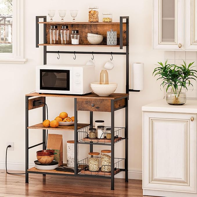 HOOBRO Bakers Rack with 4 AC Power Outlets, 5-Tier Coffee Bar with Wire Basket - Image 9