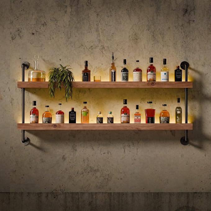 Wall Mounted Wine Rack with LED Light, LED Industrial Pipe Wine Shelf, 2-Tier - Image 9