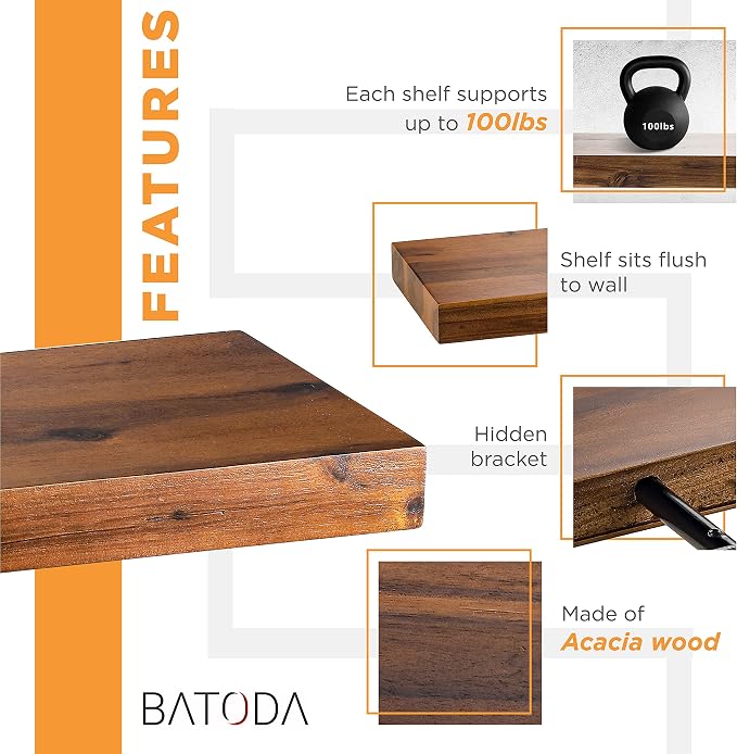 BATODA Set of 2 24" Acacia Wood Floating Shelves Wall Mounted – Rustic - Image 7