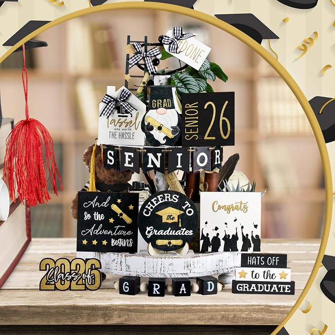 Mifoci 19 Pcs Graduation Tiered Tray Decor Set 2026 Graduation Farmhouse Wooden - Image 7