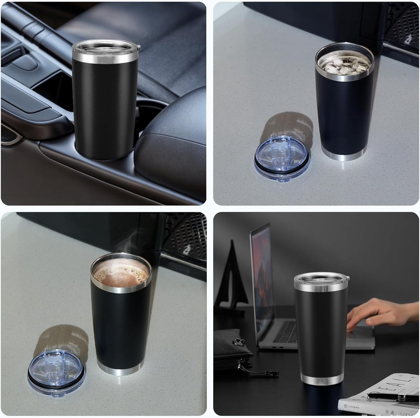 OMTech 20oz Tumblers Bulk, 12pc Stainless Steel Tumbler Set with Lid & Straw, Double Wall Vacuum Insulated Mug for Laser Engraver, Travel Coffee Mug for Hot & Cold Drinks, Black Powder Coated Cup