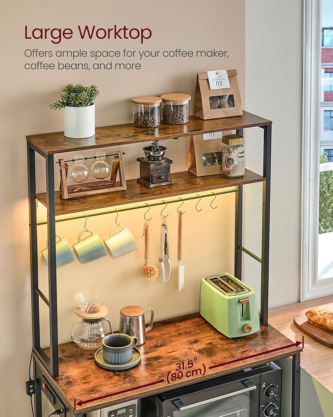 VASAGLE Coffee Bar with LED Lights, Kitchen Bakers Rack with Power Outlet - Image 7