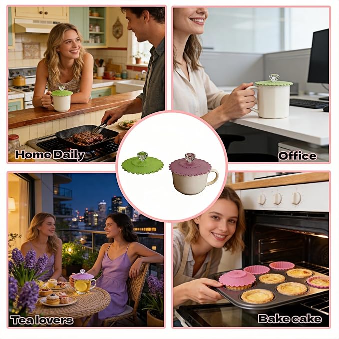Silicone Cup Lids with Acrylic Crystal Handle, Food Grade Silicone Hot Cup Lids - Image 9