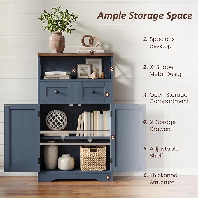 Blue Farmhouse Storage Cabinet Set of 2, Small Kitchen Pantry Storage Cabinet - Image 6