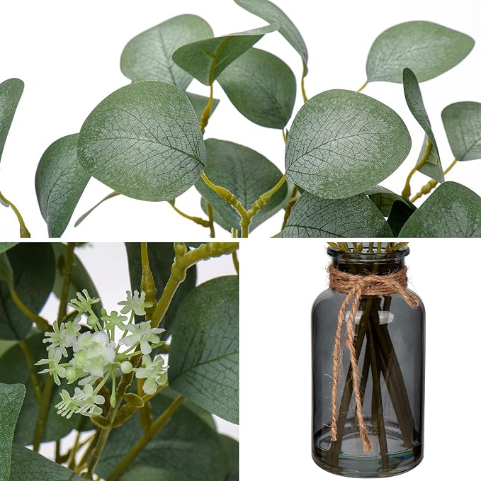 Briful Artificial Eucalyptus Stems in Black Glass Vase - Image 6