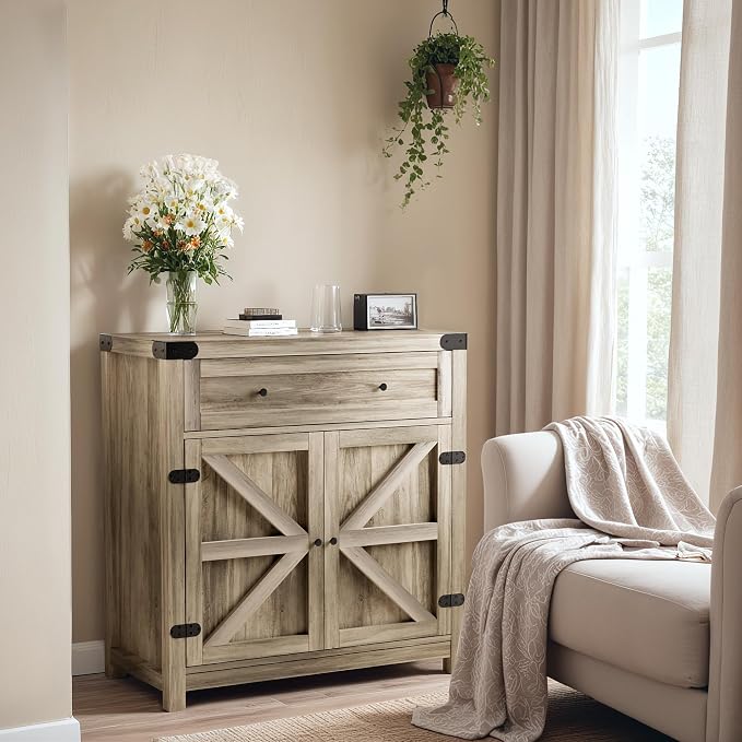 YESHOMY Coffee Bar and Accent Cabinet, Farmhouse Barn Door Buffet Sideboard - Image 7