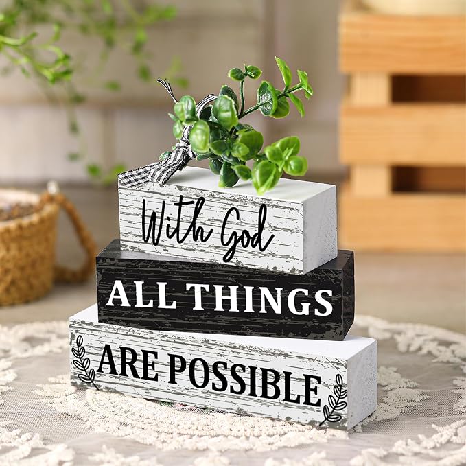 Geelin 4 Pcs Farmhouse Wooden Tabletop Decor Christian Tiered Tray Decor - Image 6