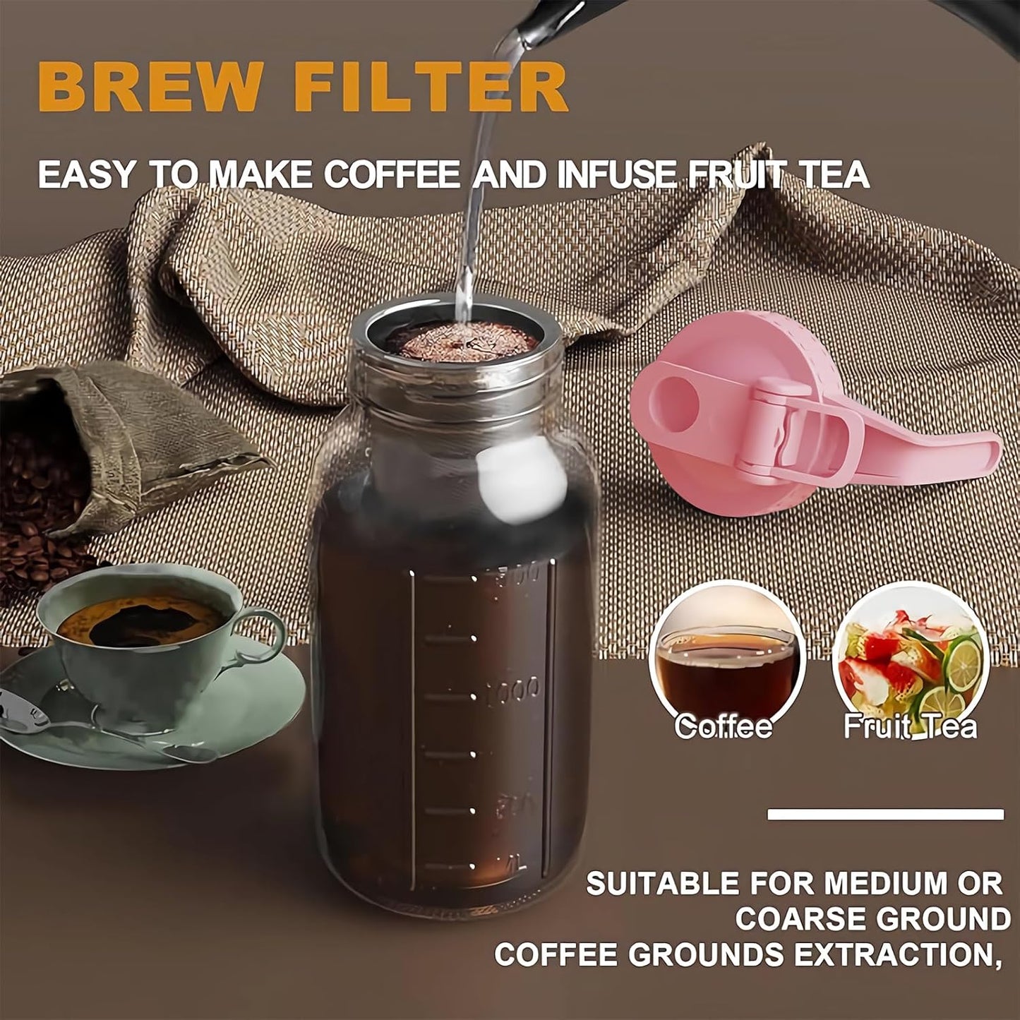 Cold Brew Coffee Maker Pitcher, 32 oz Thick Glass Mason Jar Spout Lid with Handle & Stainless Steel Filter for Iced Brew Coffee, Ice Lemonade, Sun Tea, Fruit Drinks Container
