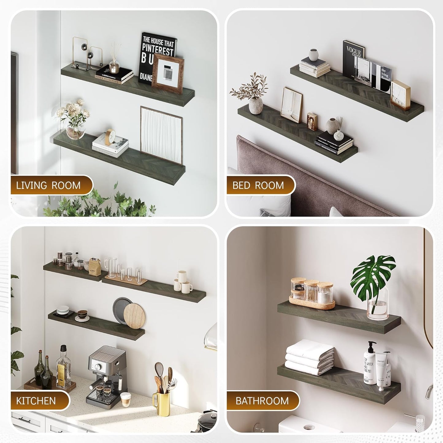 48" Rustic Farmhouse Floating Shelves – Set of 2 Acacia Wood Shelves for Stylish Wall Decor in Kitchen, Bathroom, Unique Chevron Pattern, Mocha Color, 48x8x1.5 Inches - Set of 2 - DIY