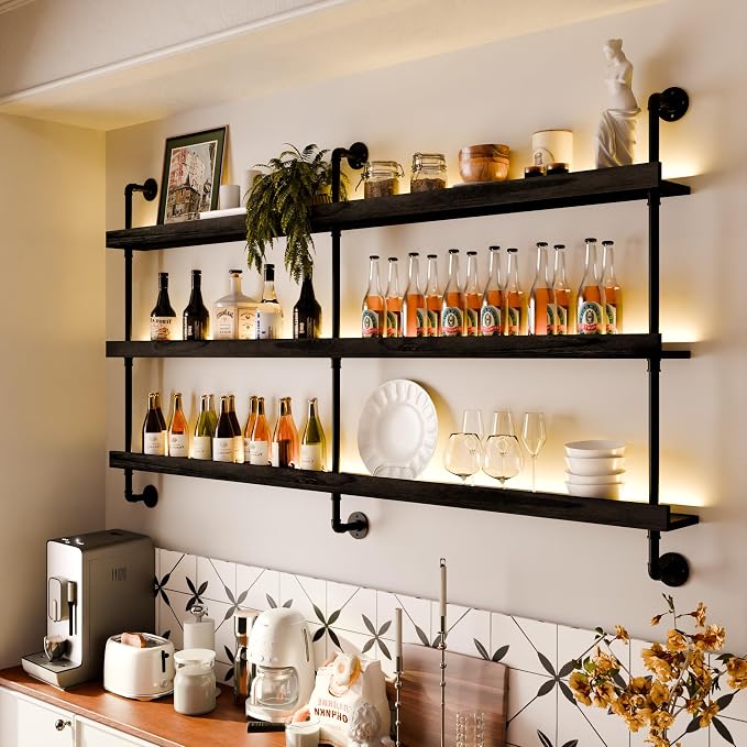 Wall Mounted Wine Rack with LED Light, LED Industrial Pipe Liquor Bar Shelves - Image 9