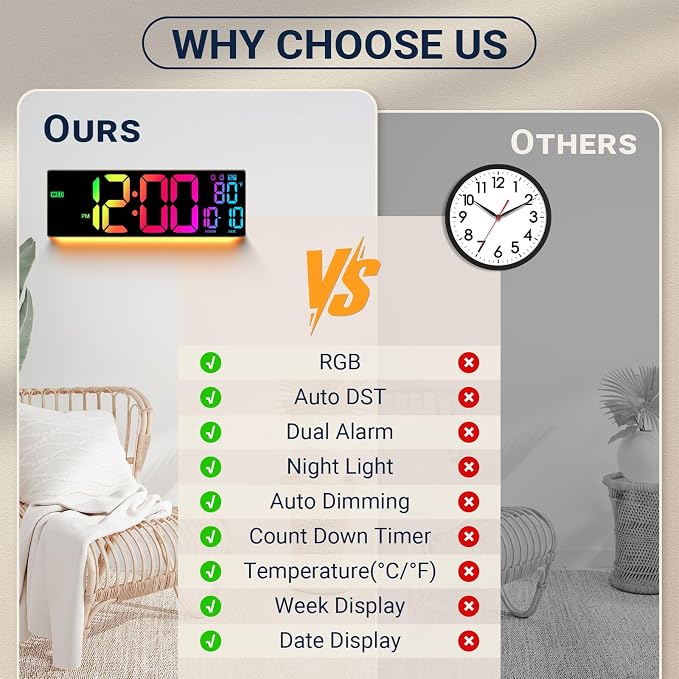 16.5" Large Digital Wall Clock: 11 RGB Color LED Display - Image 9