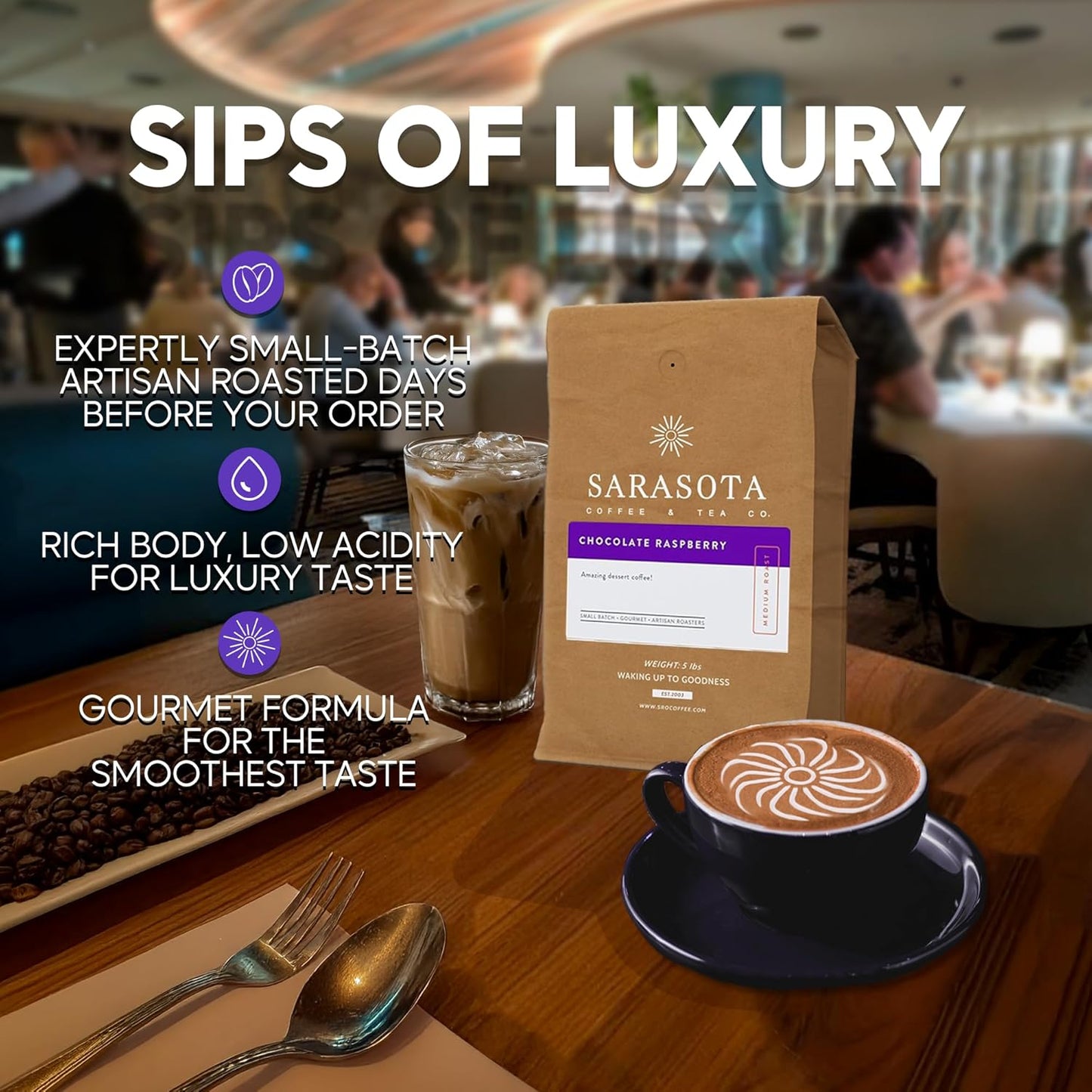 Sarasota Coffee Whole Bean Chocolate Raspberry | Medium Roast Gourmet Flavored Coffee Beans | Low Acid, Mold Free, Specialty Grade Bulk Coffee Beans | 5lb (80 oz)