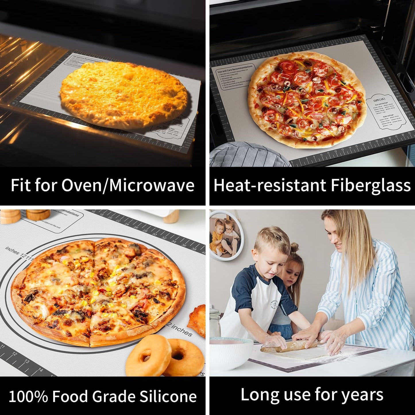 Silicone Baking Mat with Measurement, Non Stick Silicone Pastry Mat for Dough Rolling, Silicone Mat for Baking Macaron Pizza Cookies Pie Crust Oven, Silicone Bread Mat