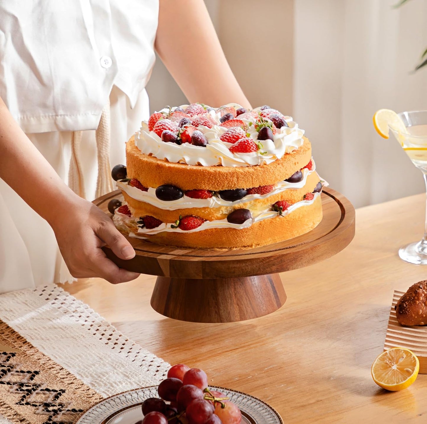 HBlife Cake Stand with Glass Lid (11.4"), Multifunctional Cake Stand with Dome, Acacia Wood 6-in-1 Cake Plate Display Stand with Cover for Baking Gifts, Birthday Kitchen Parties, Weddings
