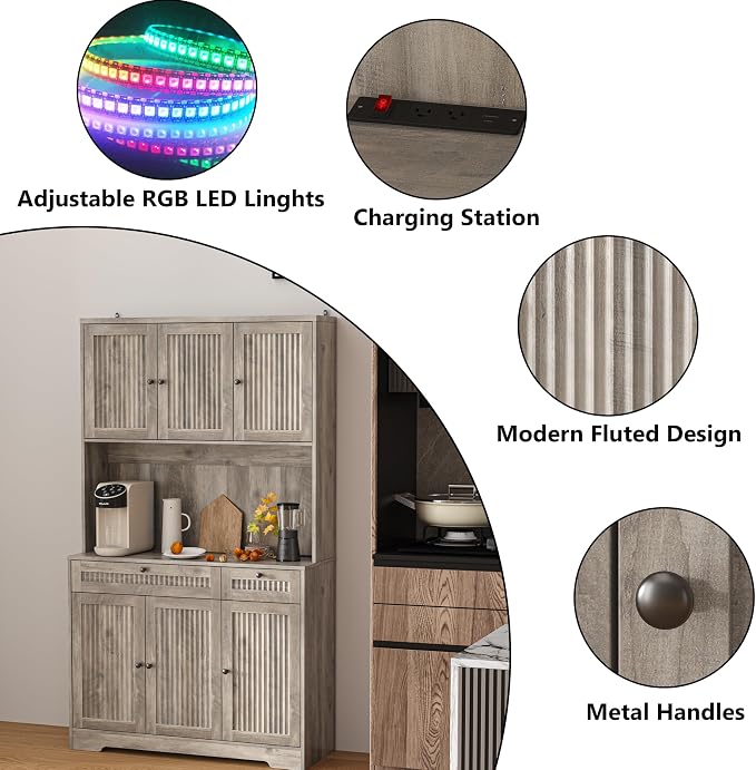 Pantry Storage Cabinet with Charging Station, Kitchen Storage with Adjustable - Image 9