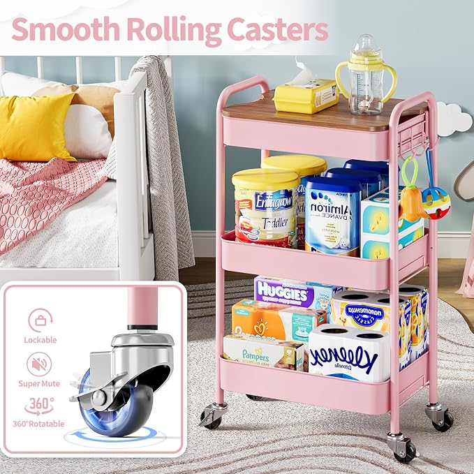 TOOLF 3-Tier Rolling Cart with Table Top, Metal Storage Cart on Wheels - Image 7