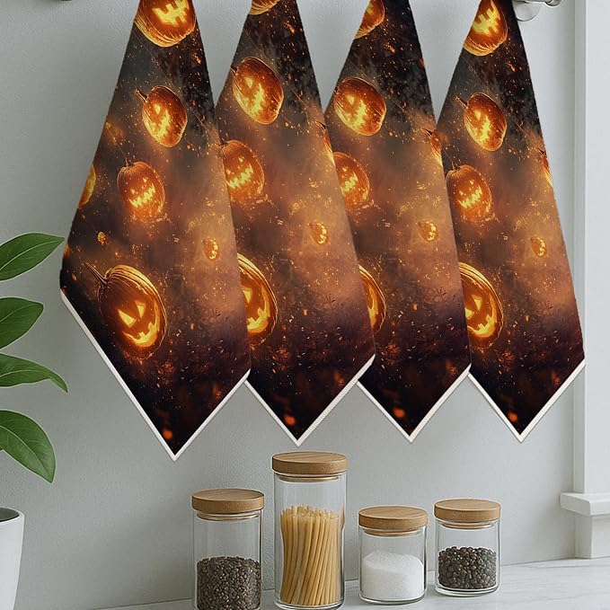 Pumpkin Kitchen Towels Set of 4, Halloween Festive Ghost String Light Halloween - Image 6