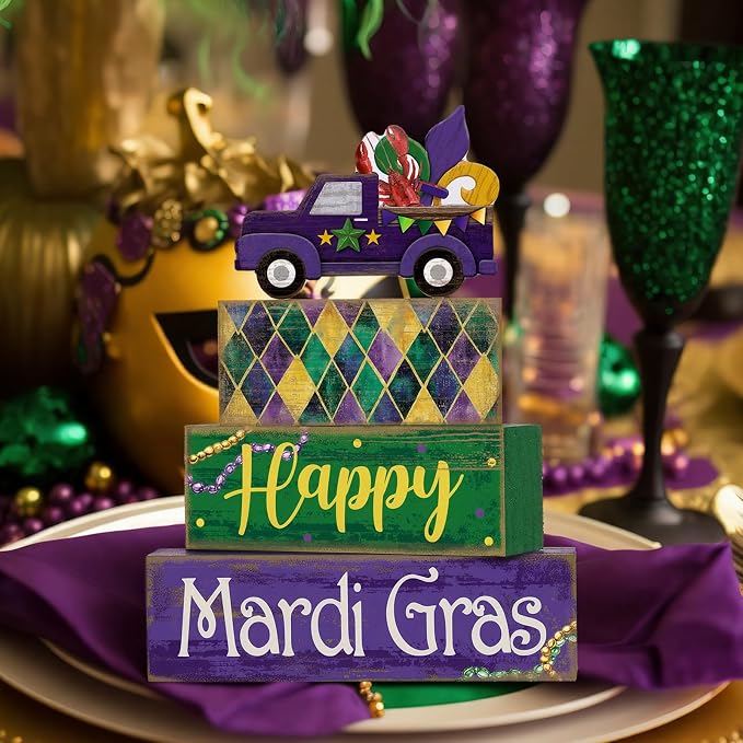 Lineshading 4 Pcs Mardi Gras Decorations Mardi Gras Table Centerpieces Wooden - Image 7