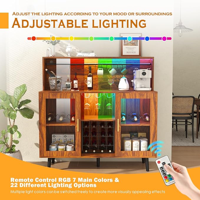 TITIMO Wine Bar Cabinet with LED Light, Coffee Cabinet with Wine Rack and Glass - Image 8