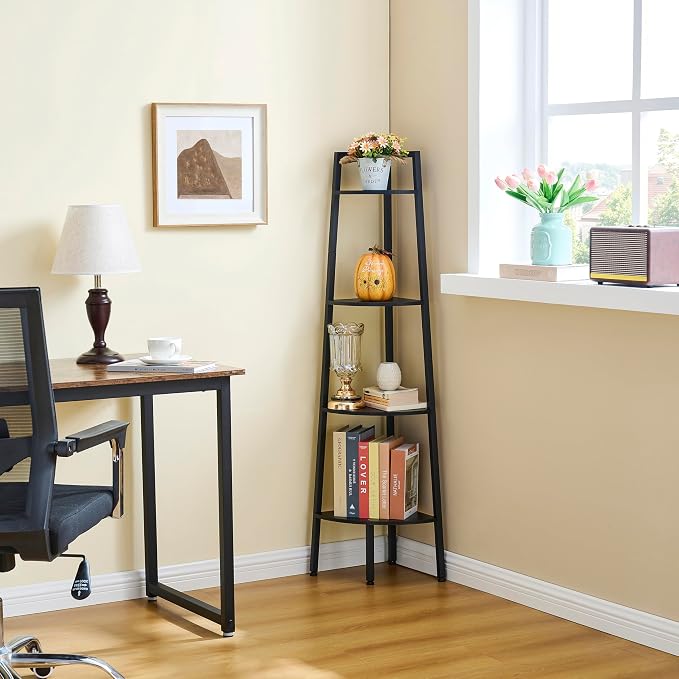 Hoctieon Corner Shelf, 4-Tier Corner Bookshelf, Rustic Ladder Shelf, Industrial - Image 10