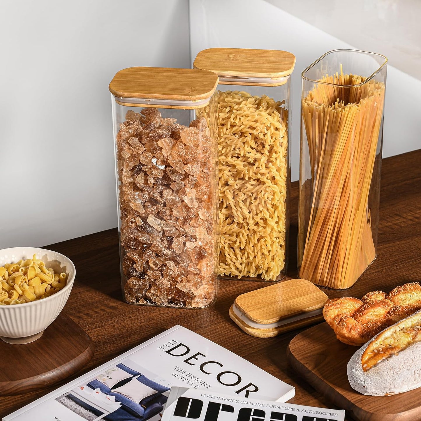 71oz Rectangle Airtight Glass Storage Containers with Bamboo Lids (Set of 4), Square Food Storage Jar, Pantry Organizers for Sugar, Flour, Spaghetti and Coffee beans (with Black Lable)
